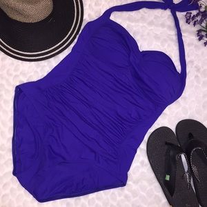 La Blanca Halter Retro Ruched Swimsuit Berry Blue